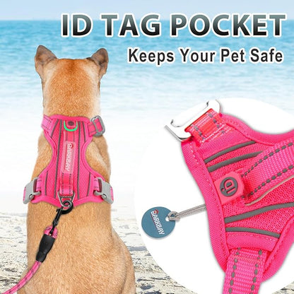 BARKBAY No Pull Dog Harness 3 Buckles Large Reflective Dog Harness with Front Clip and Easy Control Handle for Walking Training Running with ID tag Pocket(Pink,M) BARKBAY
