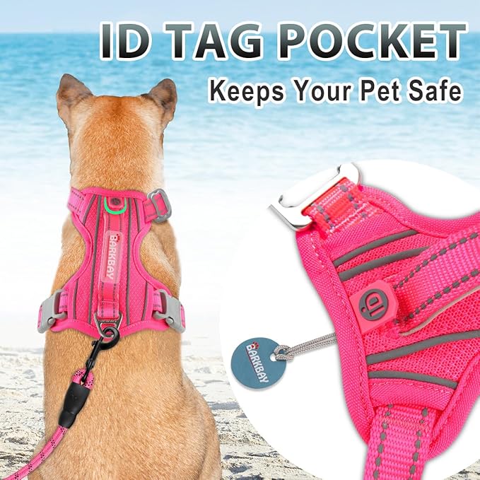 BARKBAY No Pull Dog Harness 3 Buckles Large Reflective Dog Harness with Front Clip and Easy Control Handle for Walking Training Running with ID tag Pocket(Pink,XL) BARKBAY
