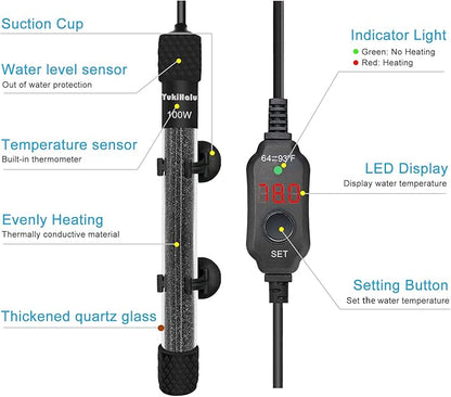YukiHalu Small Submersible Aquarium Heater, Adjustable Mini Fish Tank Heater 25W 50W 100W 200W 300W with External Temperature Controller, LED Display, Used for 5/10/20/40/60 Gallons (100 Watts) YukiHalu