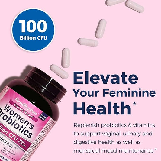 NewRhythm Probiotics for Women, P-5-P, Vitamin C & Organic Cranberry, 100 Billion CFU 18 Strains, Prebiotics & Probiotics, Vaginal Probiotics for Digestive Health & PH Balance, 60 Capsules, No Dairy NewRhythm