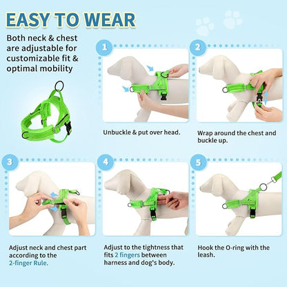 SlowTon No Pull Small Dog Harness and Leash Set, Puppy Soft Vest Harness Neck & Chest Adjustable, Reflective Lightweight Harness & Anti-Twist Pet Lead Combo for Small Medium Dogs (Green-Front Clip,XS) SlowTon