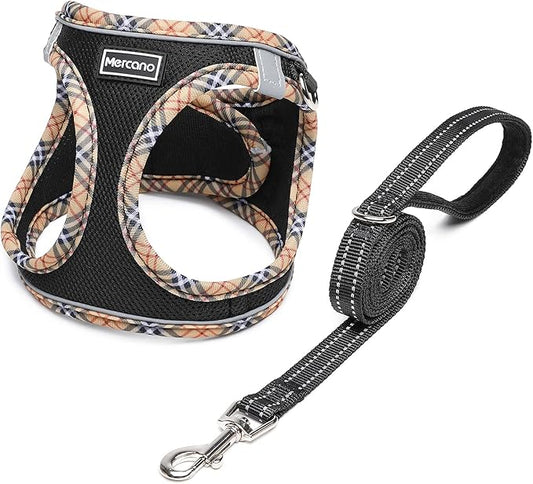 Mercano Soft Mesh Dog Harness and Leash Set, No-Chock Step-in Reflective Breathable Lightweight Easy Walk Escape Proof Vest Harnesses with Safety Buckle for Small Medium Dogs, Cats (Black Yellow, XS) PAWPICO