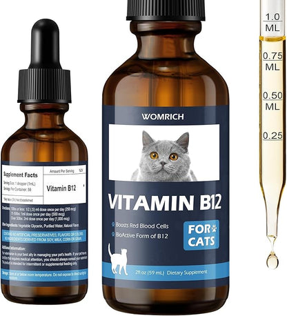 Vitamin B12 for Cats | Methylcobalamin Supplement | Boosts Red Blood Cell Formation, Energy, Nervous System & Appetite, Treats Pancreatitis | 2 fl oz Dropper WOMRICH