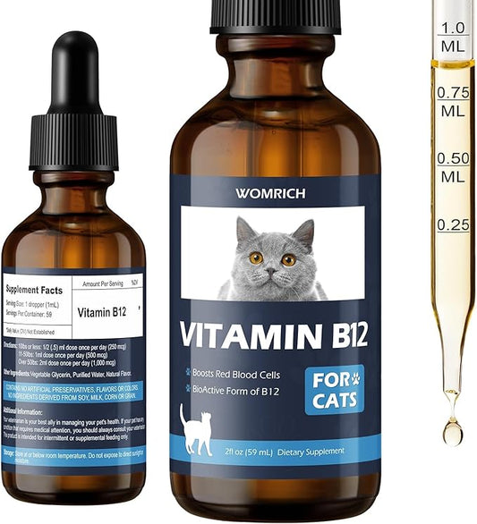 Vitamin B12 for Cats | Methylcobalamin Supplement | Boosts Red Blood Cell Formation, Energy, Nervous System & Appetite, Treats Pancreatitis | 2 fl oz Dropper WOMRICH