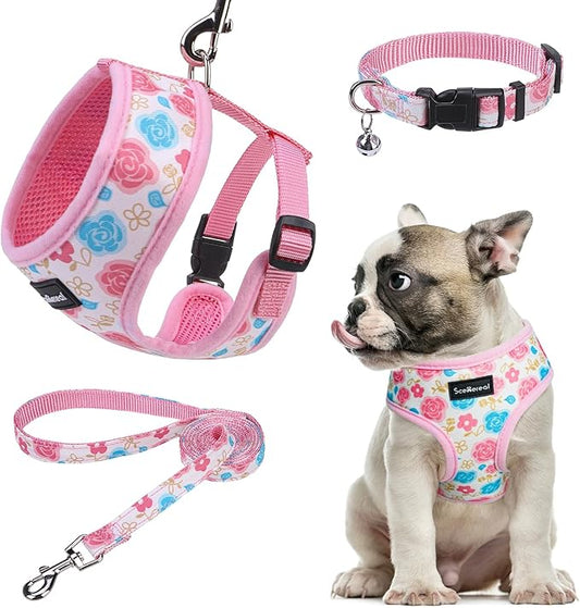 SCENEREAL Small Dog Harness Collar and Leash Set, Adjustable No Pull Pet Harnesses, No Chock Soft Mesh Step in Vest for Doggie Puppy Medium Dogs Cats Girl or Boy,Chihuahua, Yorkie, Outdoor Walking SCENEREAL