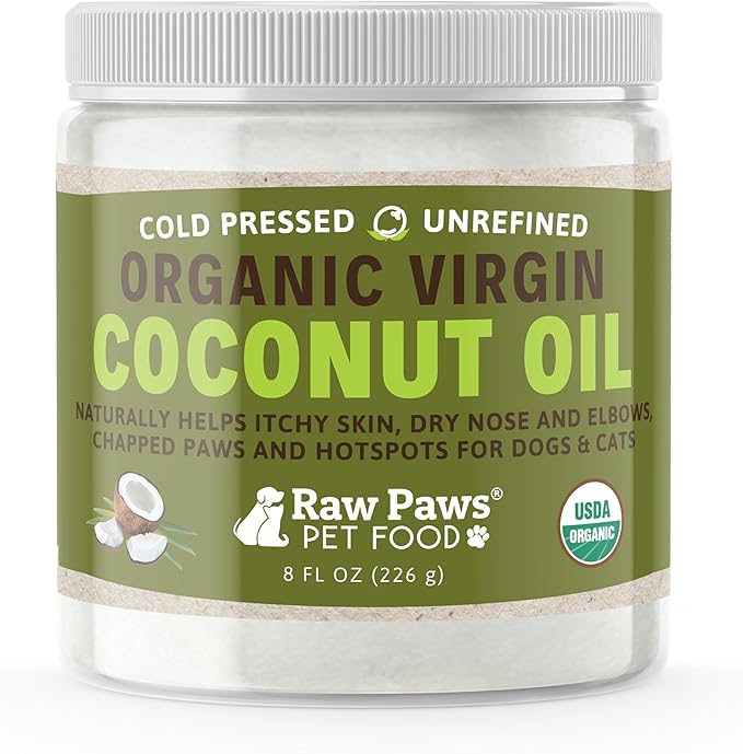 Raw Paws Virgin Organic Coconut Oil for Dogs & Cats, 8-oz - Treatment for Itchy Skin, Dry Nose, Paws - Hot Spot Lotion for Dogs - Natural Hairball Remedy for Dogs Raw+Paws+Pet+Food