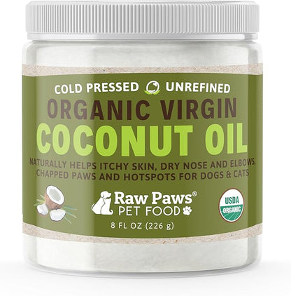 Raw Paws Virgin Organic Coconut Oil for Dogs & Cats, 8-oz - Treatment for Itchy Skin, Dry Nose, Paws - Hot Spot Lotion for Dogs - Natural Hairball Remedy for Dogs Raw+Paws+Pet+Food