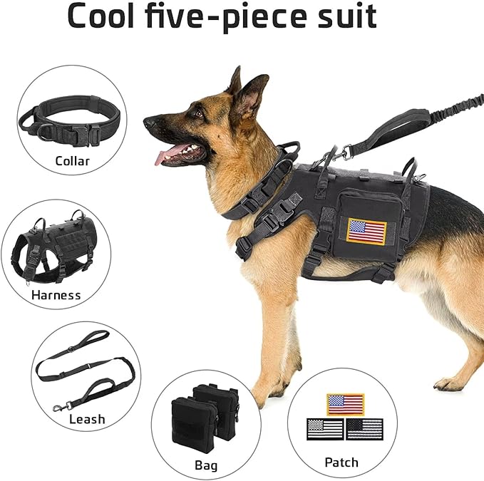 Forestpaw Tactical Dog Harness for Large Dogs,Tactical Dog Collar with Bungee Leash Set,No Pull Military Dog Harness for Dog Walking Training,Adjustable for Medium Large Dogs,Black S Forestpaw