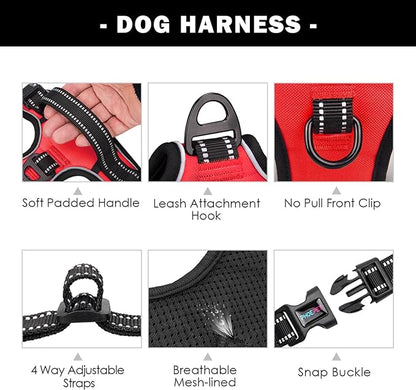 PHOEPET Reflective Dog Harness Large Breed Adjustable No Pull Vest with Handle 2 Metal Rings 3 Buckles [Easy to Put on & Take Off](L, Red) PHOEPET