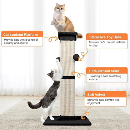 Cat Scratching Post 33 Inch Nature Sisal Cat Scratch Post for Indoor Cats, Large Cat Scratcher Protect Your Furniture, Black - PAWPICO