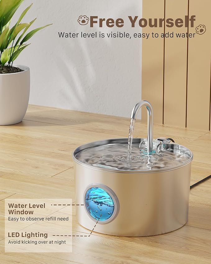 Cat Water Fountain Stainless Steel: 74oz/2.2L Cat Fountain for Drinking - Pet Water Fountain for Cats Inside - Quiet Cat Water Bowl Dispenser - Cat Drinking Fountains - for Cats&Pets& Small Animals - PAWPICO
