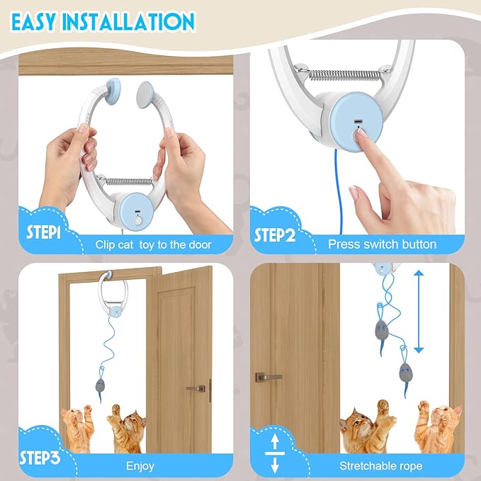 Cat Toy Interactive for Indoor Cats, Smart USB Rechargeable Door Hanging Automatic Retractable Kitten Toys, Teaser Electronic Self Play Feather Cat String Toy Attached with 3 Catnip Mice White - PAWPICO
