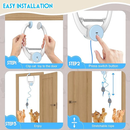 Cat Toy Interactive for Indoor Cats, Smart USB Rechargeable Door Hanging Automatic Retractable Kitten Toys, Teaser Electronic Self Play Feather Cat String Toy Attached with 3 Catnip Mice White - PAWPICO