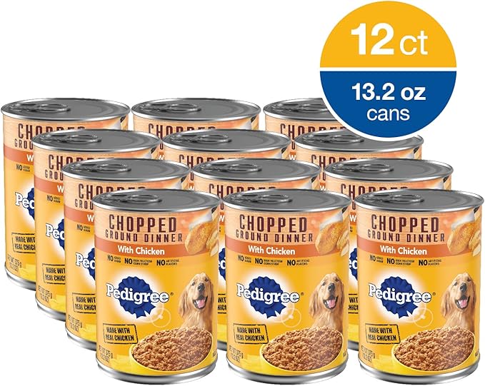 PEDIGREE CHOPPED GROUND DINNER Adult Canned Soft Wet Dog Food with Chicken, 13.2 oz. Cans (Pack of 12) - PAWPICO