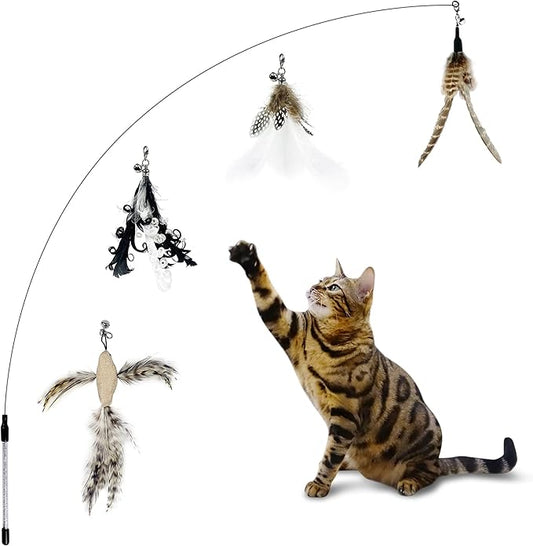 Cat Wand Toys, Interactive Bird Cat Toy Set,35'' Flexible Steel Wire and 4Pcs Cat Feather Refills,Cat Teaser Toy Cat Wand Toys for Indoor Cat and Kitten. - PAWPICO