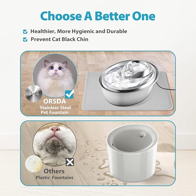 ORSDA Cat Water Fountain Stainless Steel, 2L Pet Fountain for Cats Inside, Dog Water Dispenser, Automatic Cat Drinking Fountains with 6 Replacement Filters for Cats, Small Dogs - PAWPICO