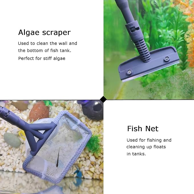 AQUANEAT Fish Tank Cleaning Tools, 6 in 1 Aquarium Cleaning Tools, Including Algae Scraper, Sponge Pad, Fish Net, Gravel Rake and Cleaning Brush Aquaneat