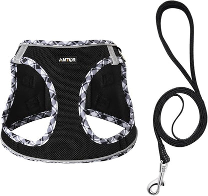 AMTOR Small Dog Harness with Leash Set, No Escape Easy Walk Puppy Harnesses for Training Walking, Step-in Reflective Soft Dogs Vest for XS S Medium Extra-Small Large Sized Dog(Blackwhite,XXS) AMTOR
