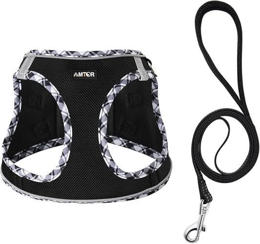 AMTOR Small Dog Harness with Leash Set, No Escape Easy Walk Puppy Harnesses for Training Walking, Step-in Reflective Soft Dogs Vest for XS S Medium Extra-Small Large Sized Dog(Blackwhite,XXS) AMTOR