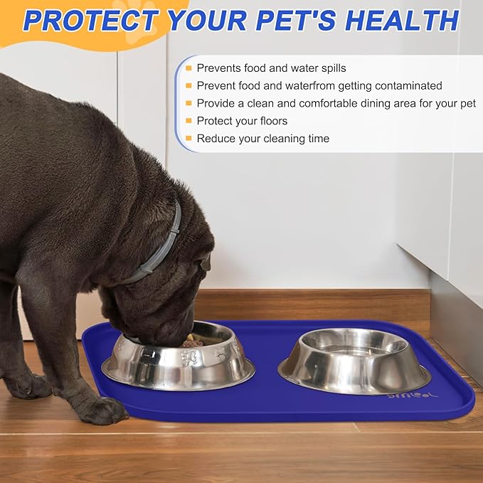 Silicone Pet Feeding Mat with Raised Edge, Dog Cat Bowl Mats for Food and Water, Pet Placemat for Floors Waterproof, 24” x 16” x 0.8” Navy Blue - PAWPICO
