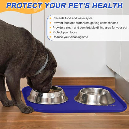 Silicone Pet Feeding Mat with Raised Edge, Dog Cat Bowl Mats for Food and Water, Pet Placemat for Floors Waterproof, 19” x 12” x 0.7” Navy Blue - PAWPICO