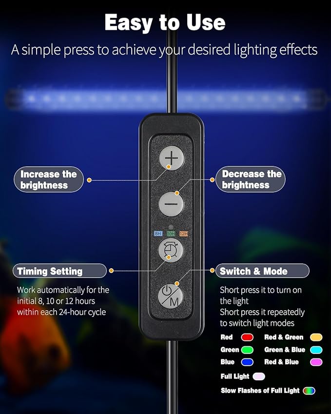 Pawfly 4.2 W Aquarium LED Light 15.2 Inch Underwater Fish Tank Light with Timer Auto On/Off Fish Tank Background Light with 8 Lighting Modes Submersible Multi-Colored Tube Light for Decoration Pawfly