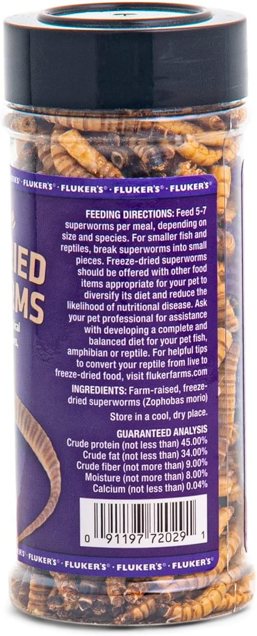 Fluker's Freeze Dried Superworms, for Reptiles, Ideal for Lizards, Reptiles, Birds, Fish, Hedgehogs, 1.7 oz Flukers