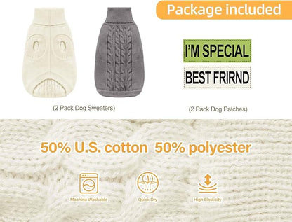 2 Pack Dog Sweaters for Small Dogs - Puppy Medium Warm Clothes in Winter, Turtleneck Pullover Design for Boy Girl Pet, Doggie, Cat, Kitten Chihuahua Bulldog Pug Beagles (M, Grey, Beige) - PAWPICO