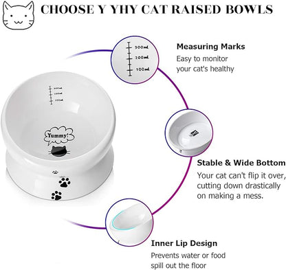 Y YHY Elevated Cat Food Bowl, Raised Pet Food and Water Bowl for Cat and Small Dog, Tilted Ceramic Water Bowl No Spill,15oz, Dishwasher Safe - PAWPICO