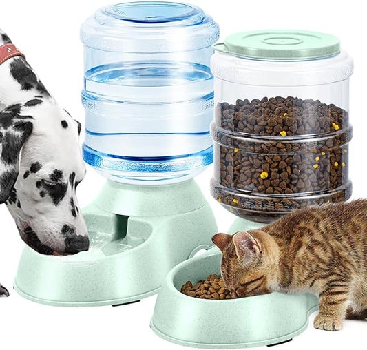 2 Pack Automatic Cat Feeder and Water Dispenser in Set Gravity Food Feeder and Waterer Pet Food Bowl for Small Medium Dog Pets Puppy Kitten Big Capacity 1 Gallon x 2 (2 Pack Green) - PAWPICO