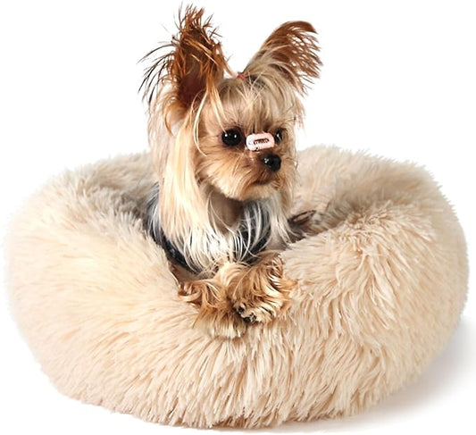 Light Brown Dog Bed Washable,Fluffy Dog Beds for Small Dogs 15 inches Donut Soft Small Pet Bed,Calming Anti Anxiety Round Fits up to 5 lbs Warm Comfort Pets Beds for Puppy Dogs Indoor - PAWPICO