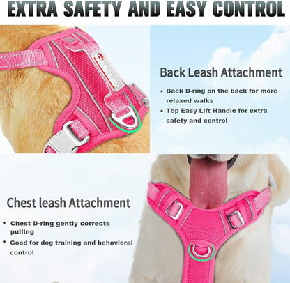 BARKBAY No Pull Dog Harness Large Reflective Dog Harness with Front Clip and Easy Control Handle for Walking Training Running with ID tag Pocket(Pink,L) BARKBAY