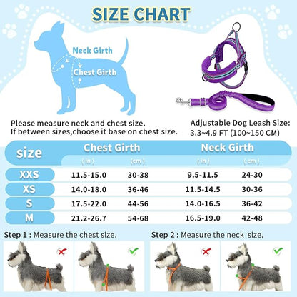 SlowTon No Pull Small Dog Harness and Leash Set, Puppy Soft Vest Harness Neck & Chest Adjustable, Reflective Lightweight Harness & Anti-Twist Pet Lead Combo for Small Medium Dogs (PU-Front Clip, XXS) SlowTon