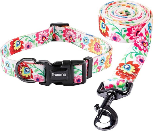 Ihoming Dog Collar and Leash Set for Daily Outdoor Walking Running Training, White Colorful Flowers Design for Large Boys Girls Dogs Cats Pets, L-Up to 80LBS Ihoming