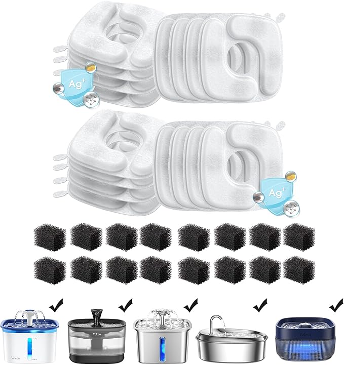Veken Cat Water Fountain Filters, 16 Pack Replacement Filters & 16 Pack Replacement Pre-Filter Sponges Set for 67oz, 95oz, 135oz Automatic Pet Fountain Dog Water Dispenser - PAWPICO