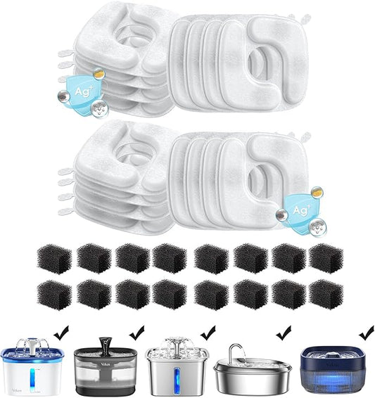 Veken Cat Water Fountain Filters, 16 Pack Replacement Filters & 16 Pack Replacement Pre-Filter Sponges Set for 67oz, 95oz, 135oz Automatic Pet Fountain Dog Water Dispenser - PAWPICO