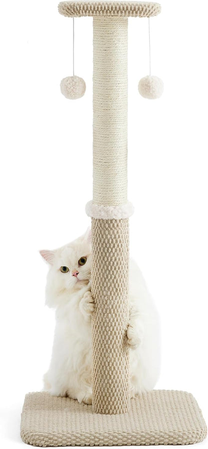Lesure 34" Tall Cat Scratching Post - Premium Sisal Rope Highly Resistant Carpet Scratching Posts for Indoor Cats Adults, Sturdy Large Cat Scratch Pole with Hanging Ball, Beige(34 inch) - PAWPICO