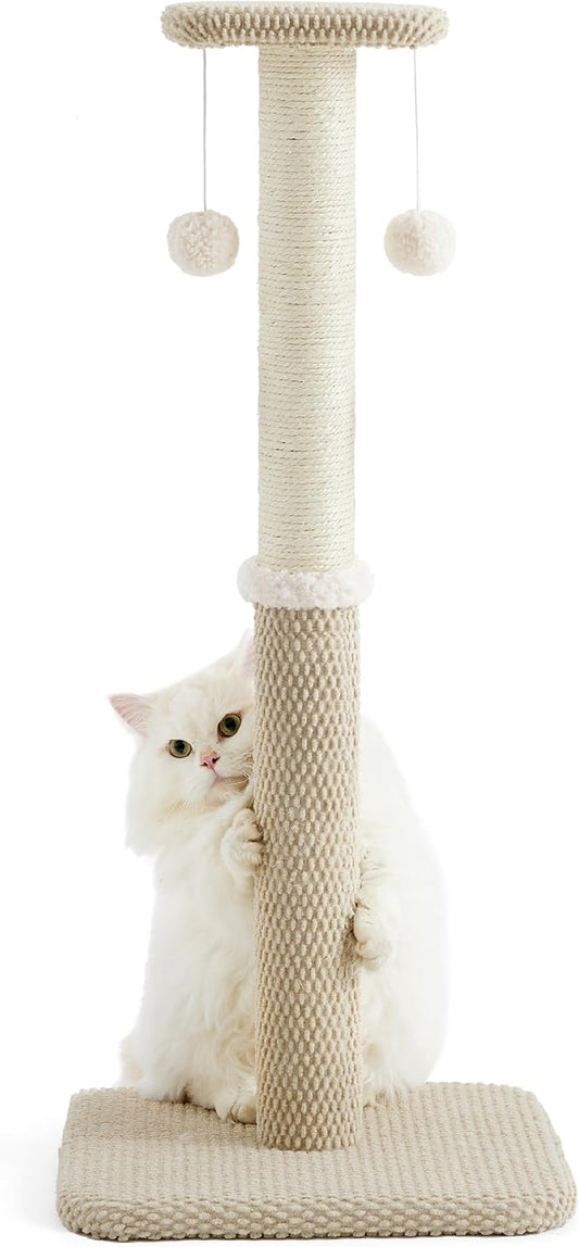 Lesure 34" Tall Cat Scratching Post - Premium Sisal Rope Highly Resistant Carpet Scratching Posts for Indoor Cats Adults, Sturdy Large Cat Scratch Pole with Hanging Ball, Beige(34 inch) - PAWPICO