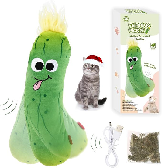 Gigwi Cat Toys Flapping Pickle with Catnip, Moving Activated Cat Kicker and Chew Toy, Automatic Motion Kitten Toys, Flappy Wiggle for Cat Exercise, Interactive Cat Toys with USB Rechargeable - PAWPICO