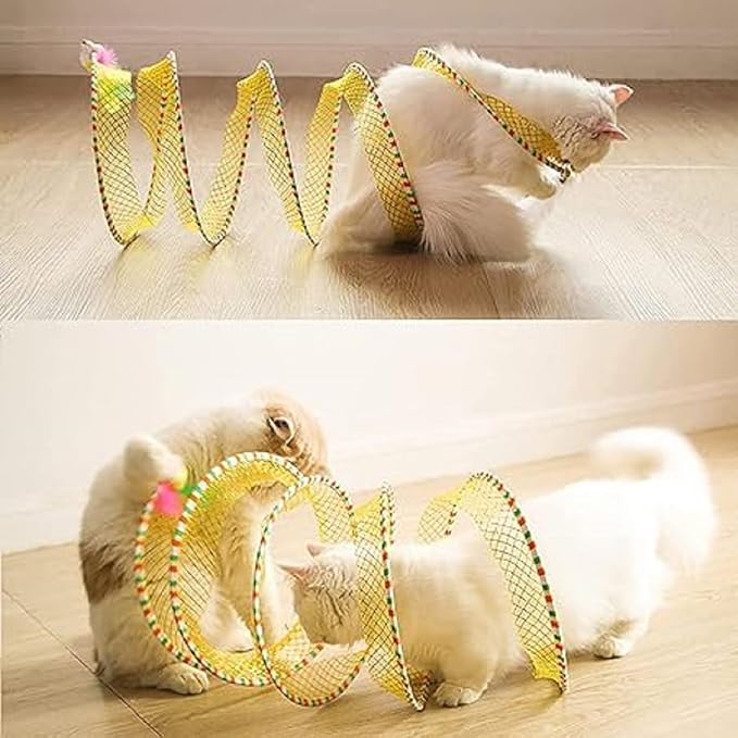 Folded Cat Tunnel Toy for Indoor Cats, 2 PCS Collapsible Pet Spring Cat Toys with Feather Mouse Upgrade Interactive Toy Playing Tent for Puppy Kitten Accessories Home - PAWPICO