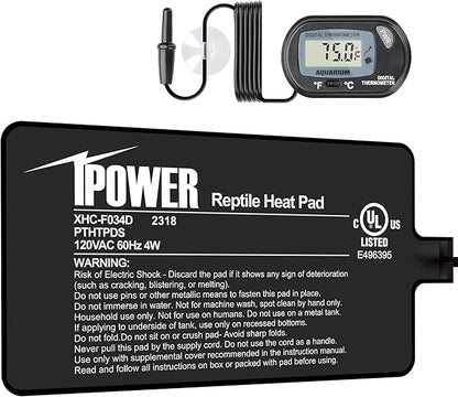 iPower 4 by 7-Inch 4W Reptile Heat Mat, LCD Digital Aquarium Thermometer, Under Tank Warmer Terrarium Heat Pad for Turtles Lizards Frogs and Other Small Animals, Multi Sizes iPower