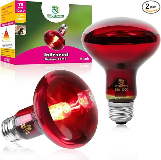 Reptile Heat Lamp Bulbs, Infrared 75W Reptiles & Amphibians Basking Spot Lamp Bulb-2 PCS, Red Heat Emitter Light for Chickens Coop REPTIHOME