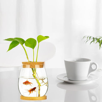 Desktop Fish Bowl Clear Glass Small Fish Tank with Wood Lid and Bamboo Stand for Betta Fish Plants Terrarium Home Office Decoration Gifts CUSNESTAL
