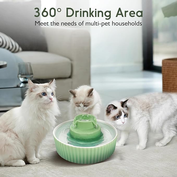 Ceramic Cat Water Fountain, 2.1L/71oz Cat Fountain with 3 Carbon Filters and 2 Water Pumps, Cupcake Pet Water Fountain for Cats and Dogs (Green) - PAWPICO