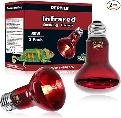 LUCKY HERP Infrared Heat Lamp 50W 2 Pack，Reptile & Amphibian Basking Spot Light Bulbs, Red Heat Lamp Bulbs for Reptiles, Bearded Dragon, Turtle, Lizard, Snake, Chicken LUCKYHERP