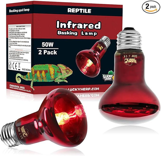 LUCKY HERP Infrared Heat Lamp 50W 2 Pack，Reptile & Amphibian Basking Spot Light Bulbs, Red Heat Lamp Bulbs for Reptiles, Bearded Dragon, Turtle, Lizard, Snake, Chicken LUCKYHERP