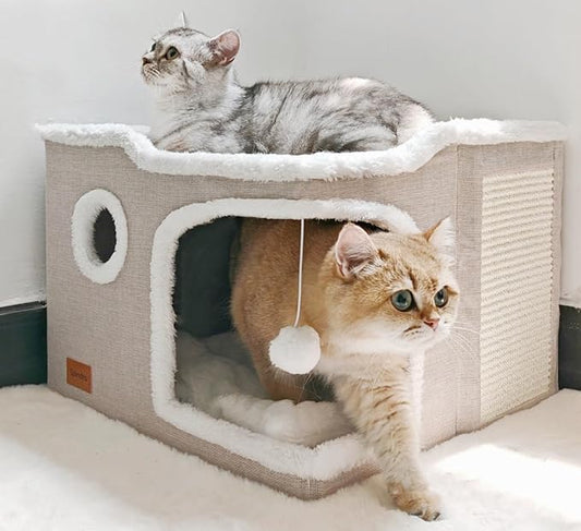 Large Cat Cave Bed for Indoor Cats, Cats Cube House with Scratch Pad Cat Condo Hideaway Tente Hut with Washable Sherpa Warm Soft Cat Mat, Cute Cat Beds Furniture, Modern Dog Bed,Beige - PAWPICO