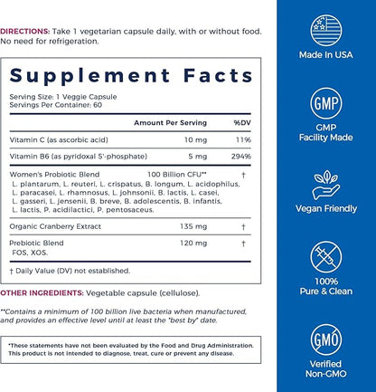 NewRhythm Probiotics for Women, P-5-P, Vitamin C & Organic Cranberry, 100 Billion CFU 18 Strains, Prebiotics & Probiotics, Vaginal Probiotics for Digestive Health & PH Balance, 60 Capsules, No Dairy NewRhythm