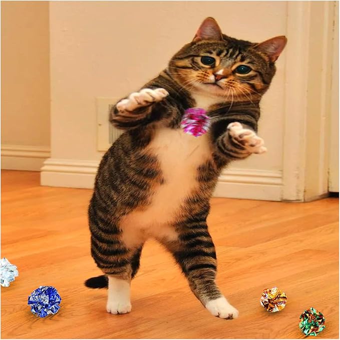 Andiker Cat Crinkle Balls, 2.36 Inches Colorful Balls Chew and Chase Cat Mylar Crinkle Balls Lightweight for Indoor Cats to Keep Fit and Active (10 pcs) - PAWPICO