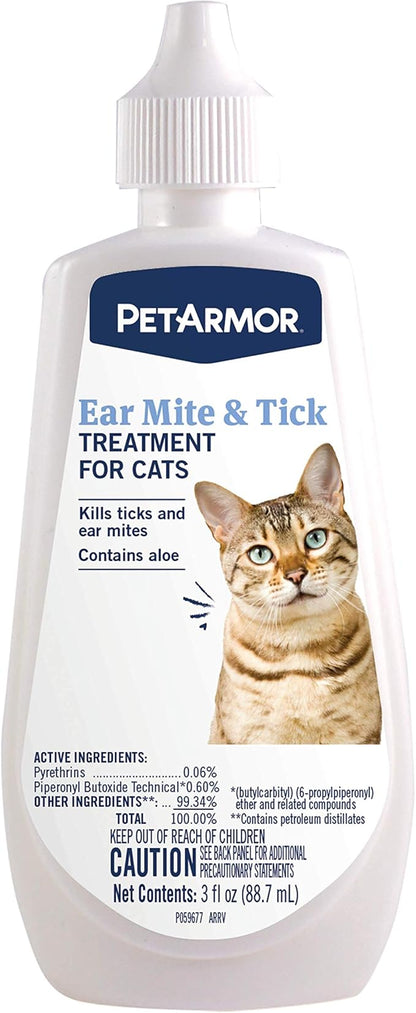 PetArmor Ear Mite Treatment for Cats, Ear Mite Medicine Kills Ticks and Ear Mites to Relieve Itchiness, Ear Mite Drops Sooths Ears with Aloe, 3oz PetArmor